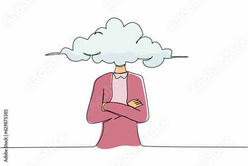 Single continuous line drawing cloud head businesswoman. Woman with empty head and cloud instead. Distracted, daydreaming, absent. Business metaphor. One line draw graphic design vector illustration