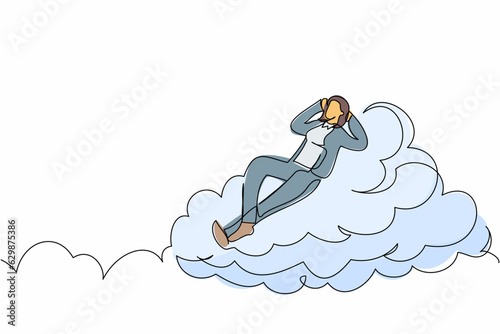 Continuous one line drawing happy successful businesswoman relaxing laying on clouds. Resting relaxation manager enjoy break time after office hour. Single line draw design vector graphic illustration