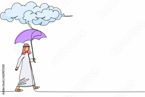 Single continuous line drawing Arabian businessman walking with umbrella under rain cloud. Depression, failed in business, passerby at rainy weather. One line draw graphic design vector illustration