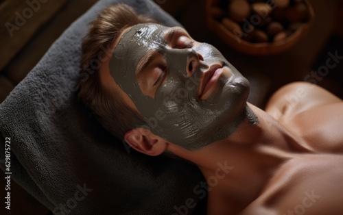 Man in SPA with face clay mask. Skin care mud mask on face
