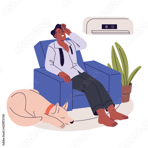 Man sitting under blowing conditioner. Relief with conditioning device cooling hot air, high temperature at home. Sweating person in heat. Flat graphic vector illustration isolated on white background