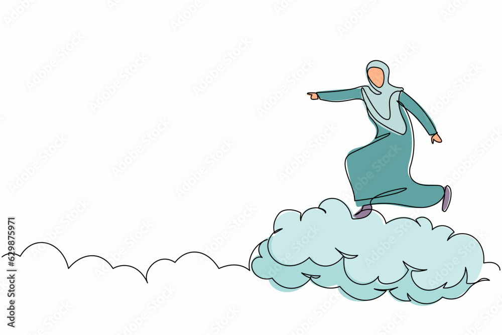 Single continuous line drawing successful Arab businesswoman on cloud ...