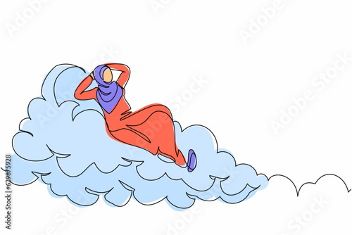 Continuous one line drawing successful Arabian businesswoman relaxing laying on clouds. Resting office manager enjoy free time, vacation, holiday. Single line draw design vector graphic illustration