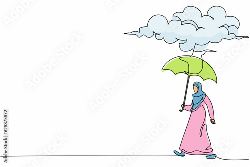 Continuous one line drawing sadness Arabian businesswoman walking with umbrella stand under rain cloud. Depression, cry, passerby at rainy weather. Single line draw design vector graphic illustration