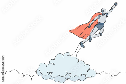Continuous one line drawing super robot in cloak flying up to cloud sky. Startup business idea. Humanoid robot cybernetic organism. Future robotic development. Single line design vector illustration