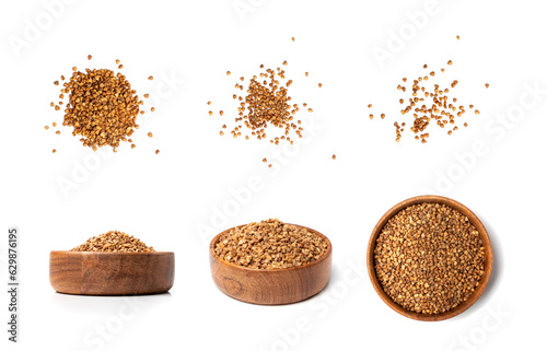 Raw Buckwheat Pile Isolated, Dry Buck Wheat Grains, Russian Kasha Heap, Uncooked Buckwheat Cut Out photo