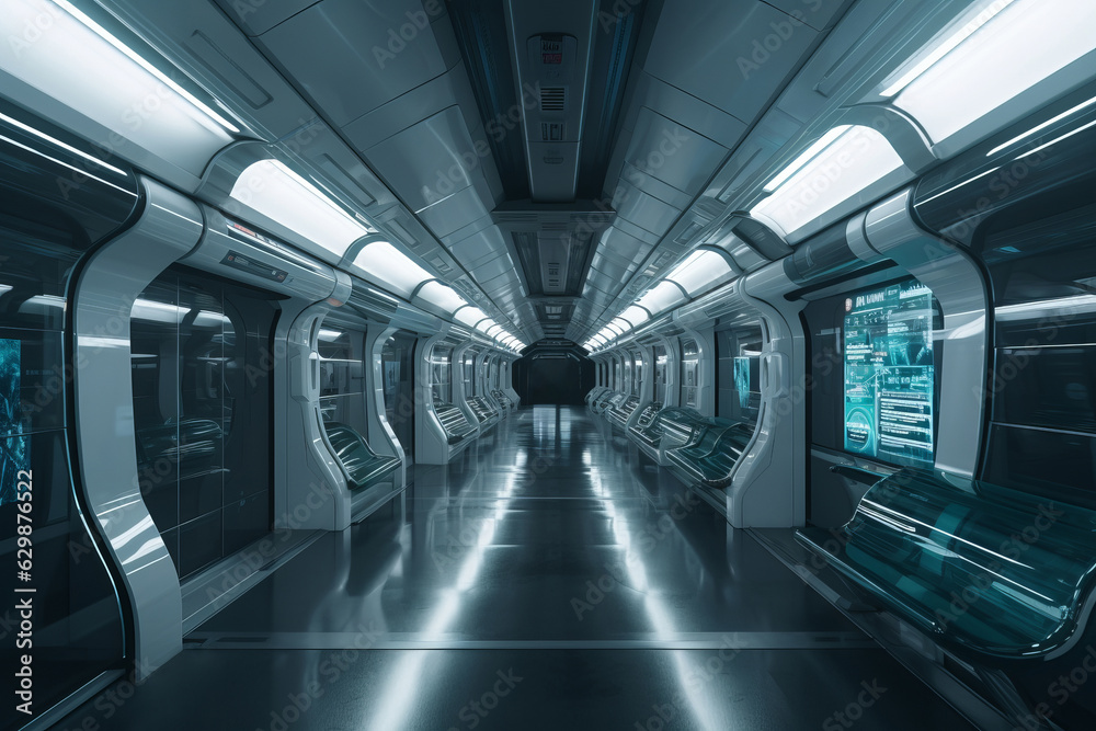 Interior of the salon of futuristic sci-fi train, transport of the future in modern style Interior of the salon of futuristic sci-fi train, transport of the future in modern style