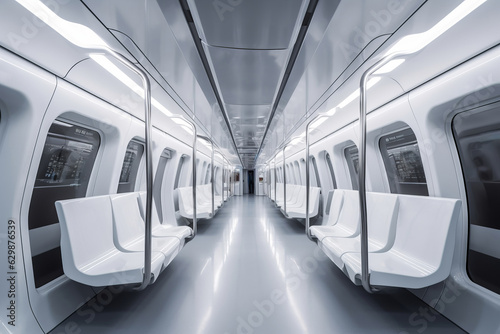 Interior of the salon of futuristic sci-fi train, transport of the future in modern style