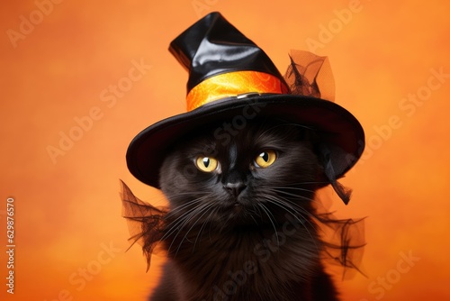 Fluffy british cute black cat in witch hat on bright orange background. Halloween autumn concept. Background with copy space
