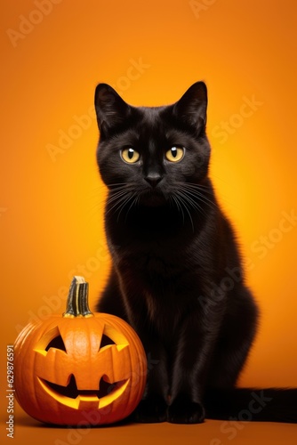 British cute black cat with pumpkin jack o lantern on bright orange background. Halloween autumn concept. Background with copy space © ratatosk