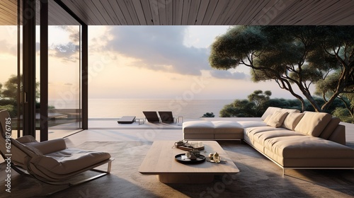 Luxurious terrace with sunset and living room interior with ocean view. Generative AI © arthyeon