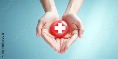 Woman hand holding plus icon for the healthcare medical icon on blue background. Health insurance health concept. access to welfare health and copy space, generative ai