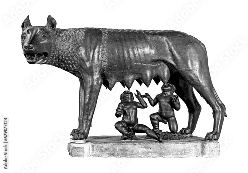 Capitoline wolf with Romulus and Remus ancient sculpture isolated
