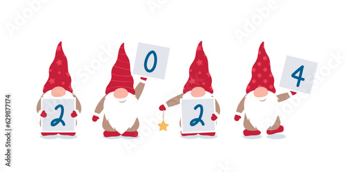 christmas and new year greeting card 2024 cute christmas dwarf vector illustration EPS10