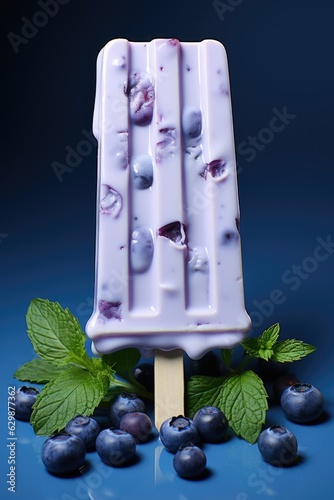 Blueberry vanilla popsicle with fresh berries and mint on a dark blue background. Natural bilberry icecream on a stick. Homemade ice cream dessert. Modern summer concept. Place for text photo