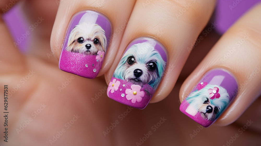Naklejka premium Nail Technician Dog Portrait. Colorful banner with empty copy space on the side. Generative AI.