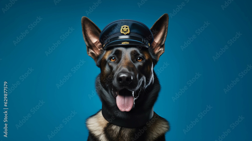 Police Officer Dog Portrait. Colorful banner with empty copy space on the side. Generative AI.