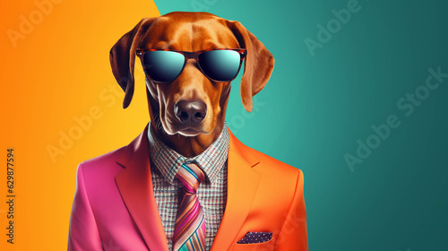 Businessman Dog Portrait. Colorful banner with empty copy space on the side. Generative AI. © s1llu