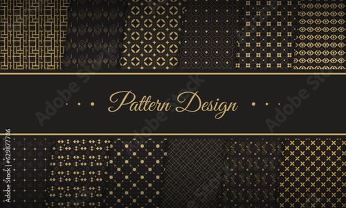 Collection of luxury seamless ornamental abstract geometric vector pattern set design in gold and black colors for texture background wallpaper, new premium decorative royal pattern bundle