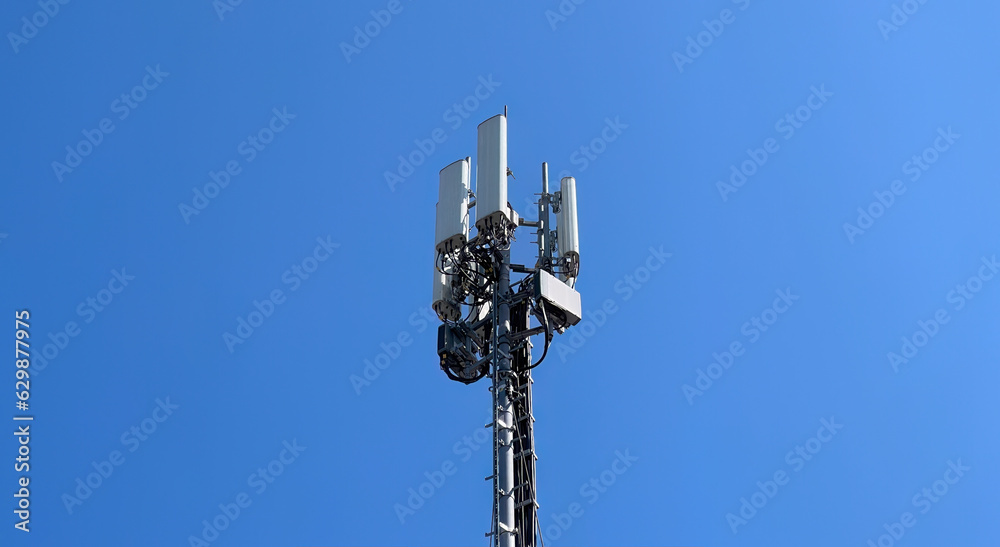 5g tower mast. Telecommunication tower of 4G and 5G cellular. Macro Base Station. 5G radio network telecommunication equipment with radio modules