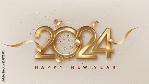 2024 New Year with golden golden ribbon. Elegant festive christmas banner with falling confetti on bright background. 2024 Golden 3d number.