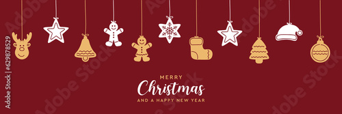 christmas greeting card with hanging decoration gingerbread cookies vector illustration EPS10