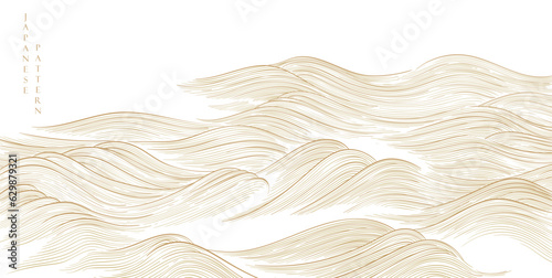 Oriental natural wave pattern with ocean wave decoration banner design in vintage style. Japanese background with watercolor texture painting element vector.  Marine template.