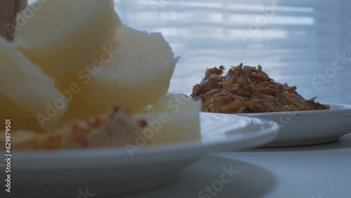 Traditional Congolese cuisine - Kwanga, mfumbwa, likayabu, dried shrimps photo