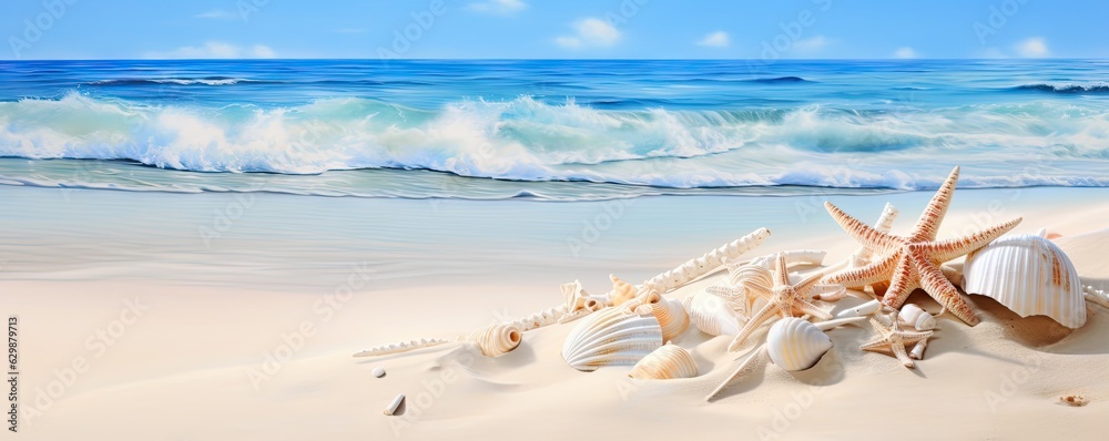 Seaside beautiful nature landscape. Relaxing beach holiday. Seashell and starfish. Blue seascape beauty Seaside beautiful nature landscape. Relaxing beach holiday. Seashell and starfish. Blue seascape beauty