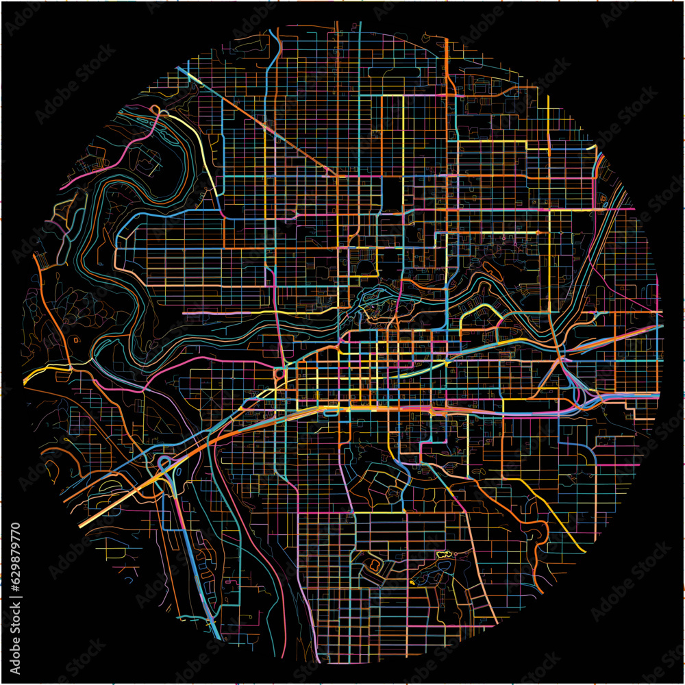 Colorful Map of Spokane, Washington with all major and minor roads.