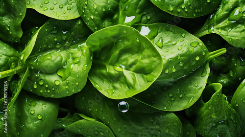 Fresh green spinach leaves with water drops background. Vegetables backdrop. Generative AI