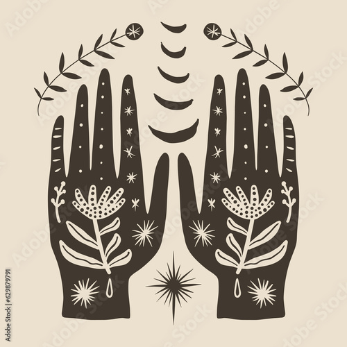 Hand drawn Reiki boho floral hands and moon art, meditation and energy healing practice illustration. Earth Day nature concept.