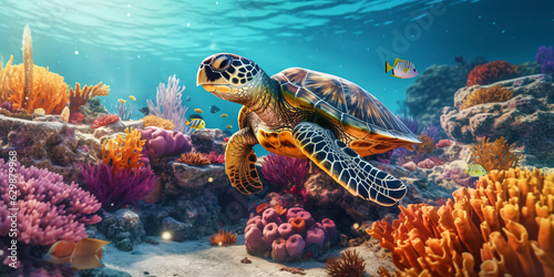 turtle swims in the clean clear water. beautiful underwater world, generative ai