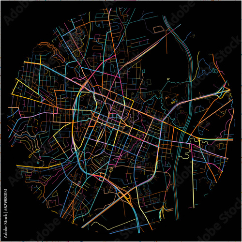 Colorful Map of Fayetteville, North Carolina with all major and minor roads.