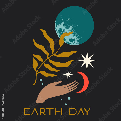Earth Day hand holding International Mother Planet. Environmental problems and protection. Vector minimalist stylish clip art illustration. Caring for Nature and our world. Night landscape flat