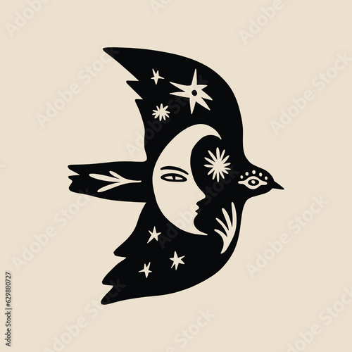 Birds with night folk moon ornament. Paper cut boho scandinavian style flat design. Hand drawn vector.