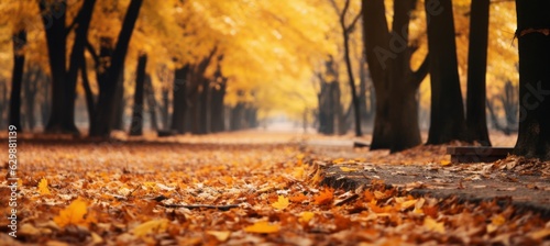 Autumn park landscape background. Generative AI technology.