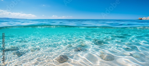 Tropical beach and soft blue clear ocean water background. Vacation holidays wallpaper. Generative AI technology.