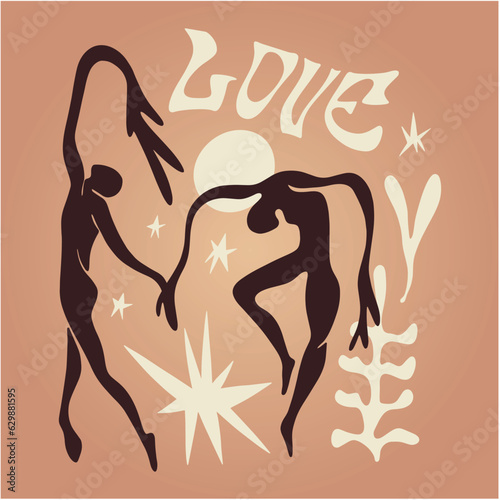 Meditating magic yoga text poster silhouette drawing, human wild young girls and moon elements.