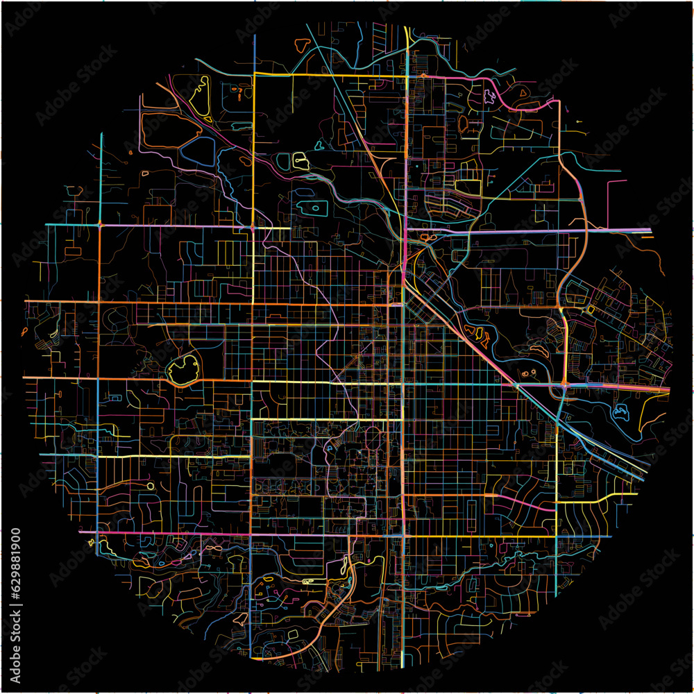 Colorful Map of FortCollins, Colorado with all major and minor roads.