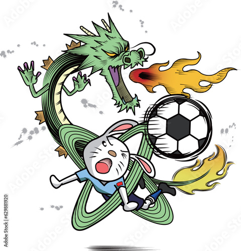 龍のように活躍するうさぎのサッカー選手