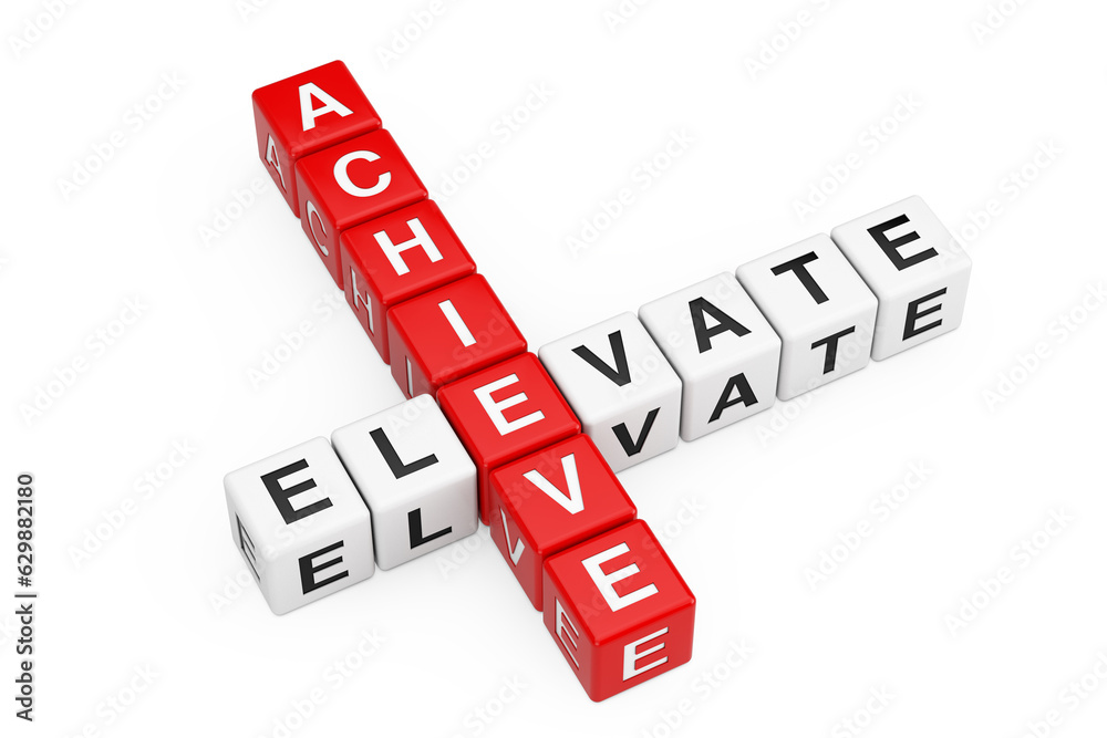 Achieve Elevate Sign as Crossword Cube Blocks. 3d Rendering Achieve Elevate Sign as Crossword Cube Blocks. 3d Rendering