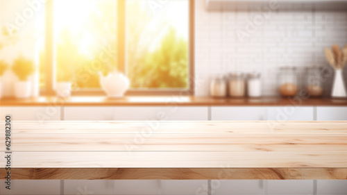 Empty wood table on blurred kitchen background for product display. Generative AI