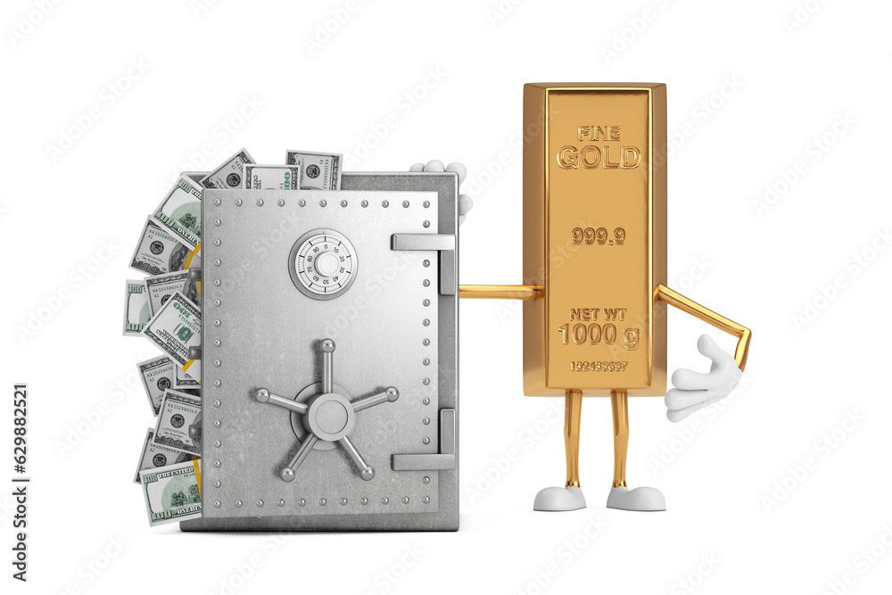 Golden Bar Cartoon Person Character Mascot with Vault or Safe Box Full of Dollar Bills. 3d Rendering Golden Bar Cartoon Person Character Mascot with Vault or Safe Box Full of Dollar Bills. 3d Rendering