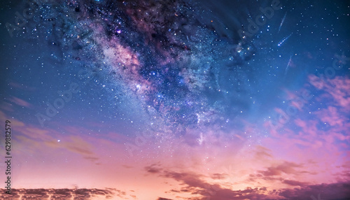 starry night blue sky on pink sunset milky way dramatic clouds galaxy cosmic space weather background