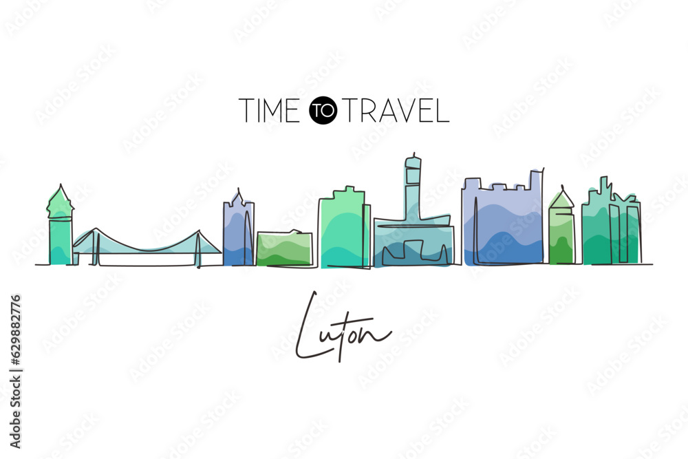Continuous one line drawing Luton city skyline, England. Historical town landscape in the world. Best holiday destination. Editable stroke trendy single line draw design vector graphic illustration