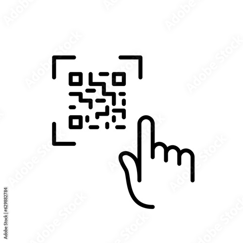 Finger tapping on QR code. Accessing website or goods through a link or payment with electronic wallet. Pixel perfect, editable stroke icon