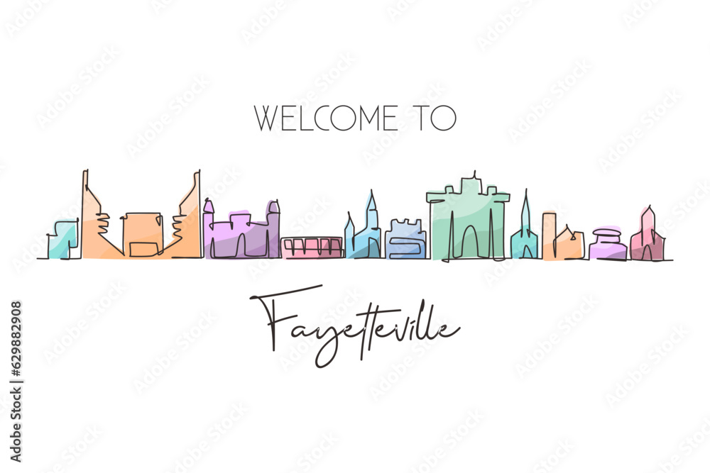 Single one line drawing Fayetteville skyline, Arkansas. Famous city scraper landscape. World travel home wall decor art poster print concept. Continuous line draw design graphic vector illustration