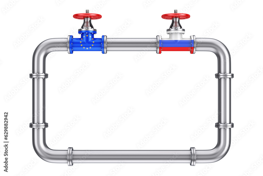 The Gas Pipeline with Valves and Flags of European Union and Russia with Free Space for Your Design. 3d Rendering