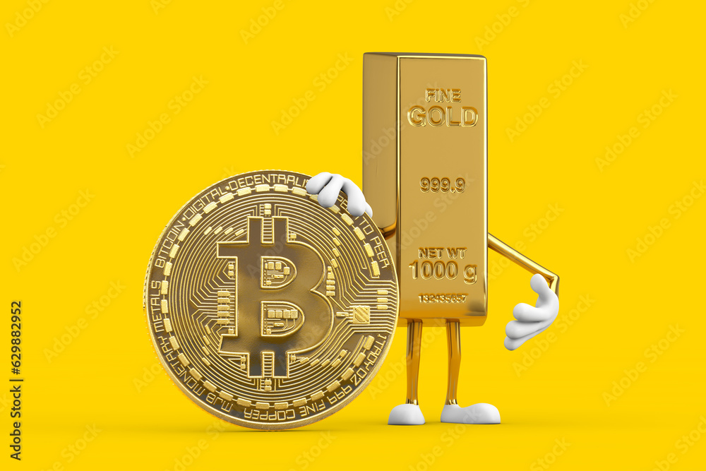 Φωτογραφία Golden Bar Cartoon Person Character Mascot with Cryptocurrency Golden Bitcoin Coin